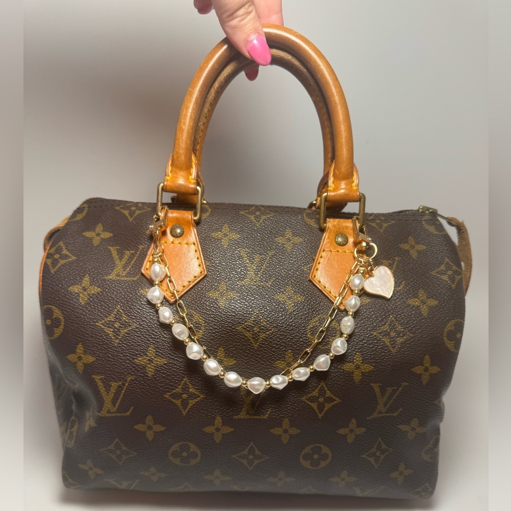 Gold & Pearl Chain Bag Charm with Opal Like Heart Accent, Bag Jewlery